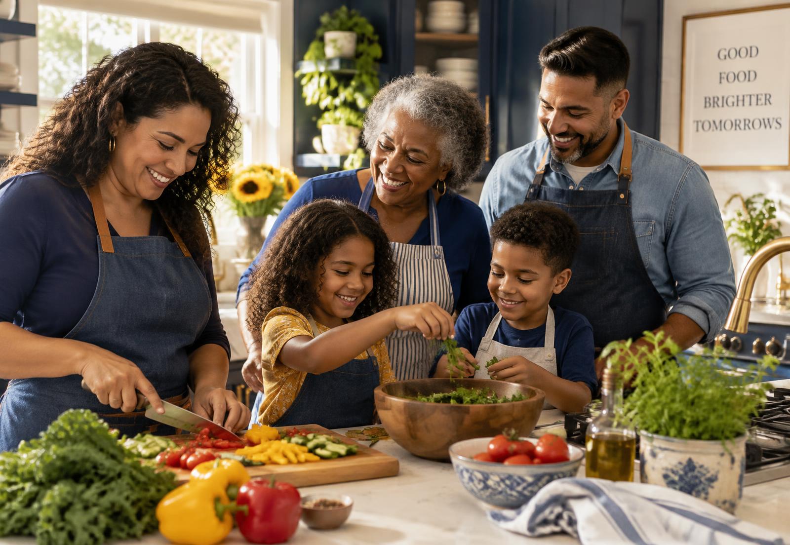 A family cooking a healthy meal together